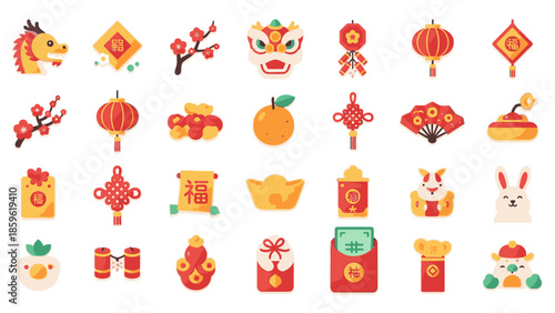Collection of vibrant icons for Chinese New Year, including lanterns, Lampion, angpao, and other festive symbols arranged on a clean white background with a joyful and celebratory mood.
