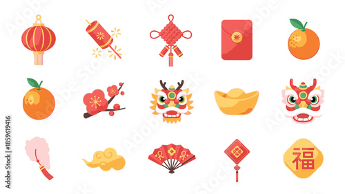 Flat lay of various Chinese New Year icons set including lanterns, lampions, angpao, and other symbolic decorations on a clean white background.