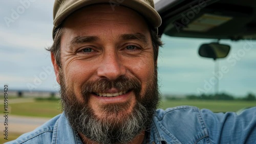 Smiling bearded middle aged man in casual denim and cap standing outdoors beside vehicle in open countryside under cloudy sky, 4k video