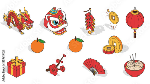 Flat lay of Chinese New Year icons set including dragon, lantern, lampion, angpao, and other festive symbols arranged on a clean white background with vibrant red and gold tones.