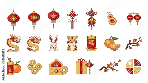 Flat lay of various Chinese New Year icons and symbols, including lanterns, angpao, lampion, and other festive elements, arranged on a clean white background.