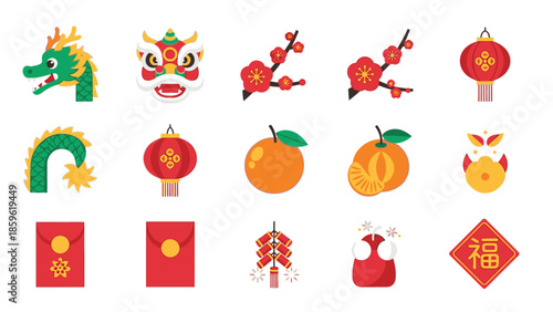 Flat lay of various Chinese New Year icons including lanterns, angpao, and Lampion on a white background with vibrant red and green hues.