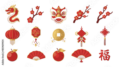 Flat lay of various Chinese New Year icons and decorations including lanterns, angpao, lampion, and other symbolic elements on a white background.