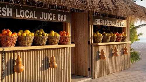 Fresh local juice bar stand with tropical fruit baskets displayed outside a bamboo tiki kiosk in warm afternoon sunlight, 4k video