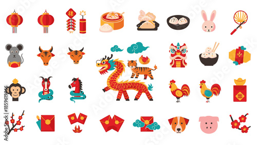 Collection of colorful icons depicting Chinese New Year and Chinese Lantern Festival symbols, including Lampion, angpao, and zodiac animals, on a clean white background.