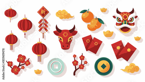 Flat lay of various Chinese New Year icons, including lanterns, Lampion, angpao, and other festive decorations, on a clean white background.