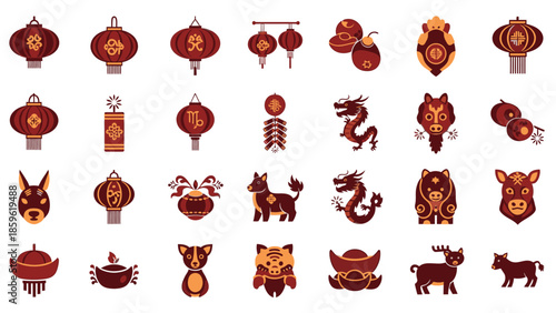 A set of vibrant icons depicting Chinese New Year symbols, including Chinese Lanterns, Lampions, angpao, and various zodiac animals, arranged on a clean white background in a flat lay