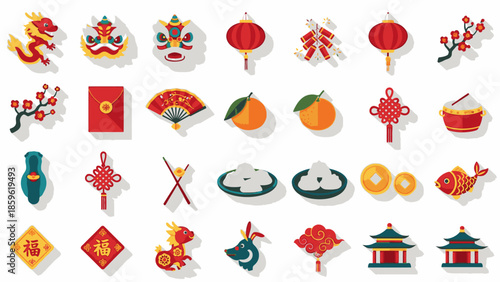 A colorful icons set featuring Chinese New Year and Chinese Lantern symbols, including Lampion, angpao, and other festive elements on a clean white background with a joyful mood.
