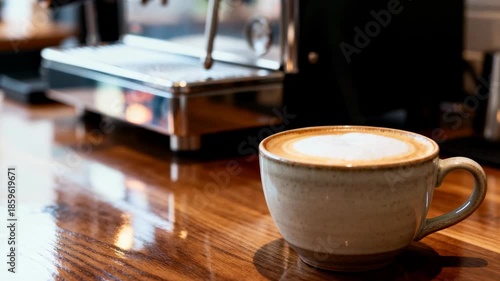 Creamy cappuccino in ceramic cup on polished wooden counter inside cozy cafe with blurred espresso machine in background, 4k video