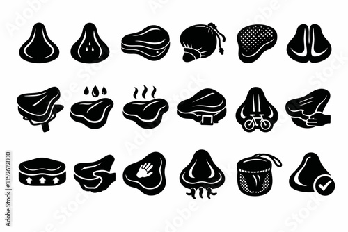 Collection of stylized bicycle seats and accessories icons in black and white