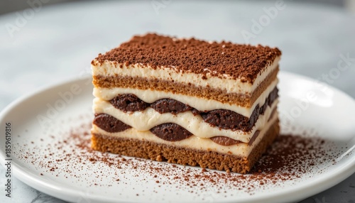 Wallpaper Mural Layered dessert served on a plate with cocoa powder topping in a cafe setting Generative AI Torontodigital.ca