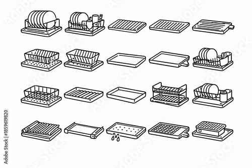 Collection of kitchen dish racks and drain boards in line art style