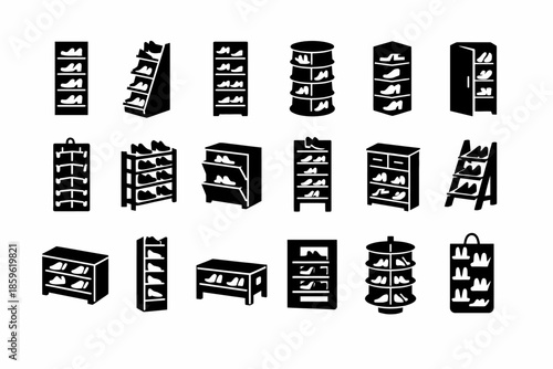 Collection of various shoe rack icons in black and white design