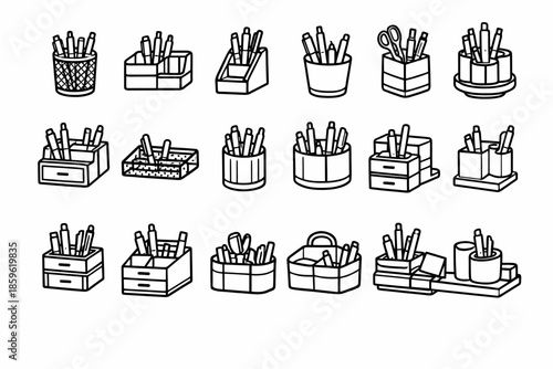 Various desk organizer line art: pencils, pens, scissors in holders and containers
