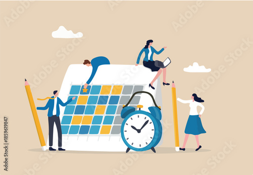 Schedule calendar, team meeting or appointment, project planning or time reminder, manage timeline concept, businessman and businesswoman working on calendar planner to schedule and organize work.