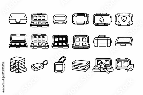 Outline icons of storage cases and electronic devices with symbols