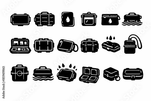 Waterproof container icon set: durable cases for electronics and gear