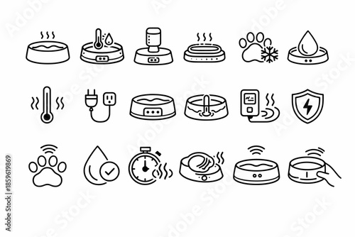 Pet water bowl icon set: automatic, heated, filtered, app-controlled designs