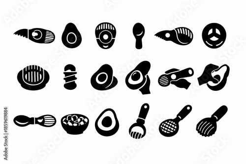 Avocado tools and icons collection: cutters, slicers, mashers in black and white