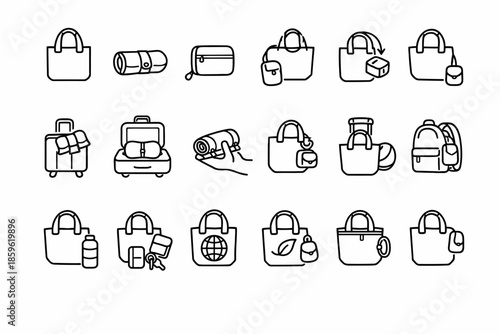 Collection of simple line icons of bags and travel essentials