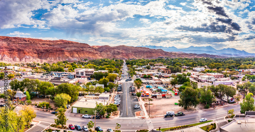 Wallpaper Mural Aerial view of Moab, Utah along Main street. Moab is the largest city and county seat of Grand County in eastern Utah in the western United States, known for its dramatic scenery Torontodigital.ca
