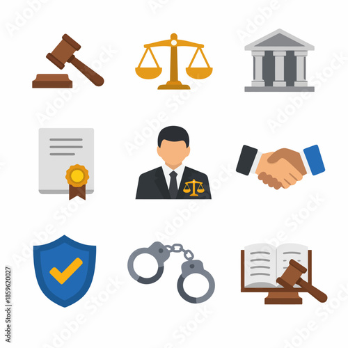 Legal and justice icons: gavel, scales, courthouse, certificate, lawyer, handshake, shield, handcuffs, book