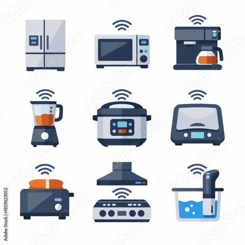 Smart kitchen appliances with wi-fi connectivity: fridge, microwave, coffee maker, blender, pressure cooker, toaster