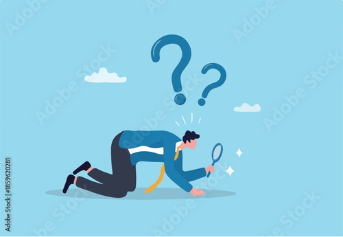 Detect or discover fact, information or analysis, curiosity, research or search in details, exploration or finding solution concept, businessman detective looking through magnifying glass searching.