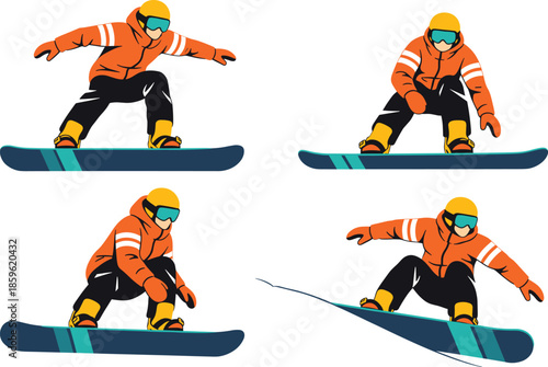 Set of professional snowboarders in orange jackets and yellow helmets performing jumps and tricks on snowboards isolated vector illustration