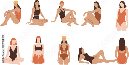 Set of faceless women in various swimwear and bikinis sitting and lounging for summer beach and vacation concept vector