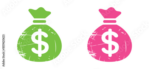 Vector illustration of money bags showing personal finance themes including income growth, savings planning, and investment strategy, clean flat design in green and pink.