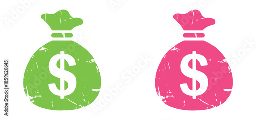 Vector illustration of money bags showing personal finance themes including income growth, savings planning, and investment strategy, clean flat design in green and pink.