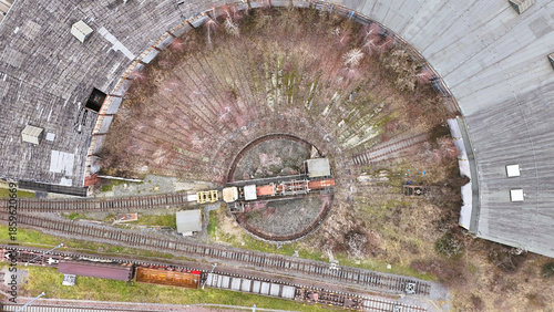 Aerial Top View of Railway Roundhouse with Turntable