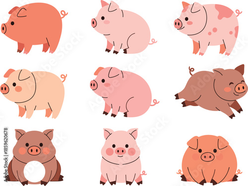 Set of cute pink and brown pig characters in various poses including sitting standing and running isolated flat vector illustration