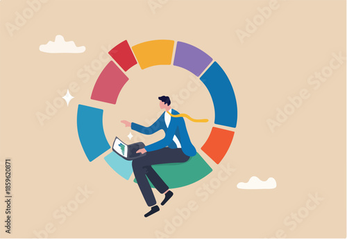 Investment pie chart asset allocation for diversification, financial percentage distribution, budget or marketing analysis chart diagram concept, businessman working with computer laptop on pie chart.