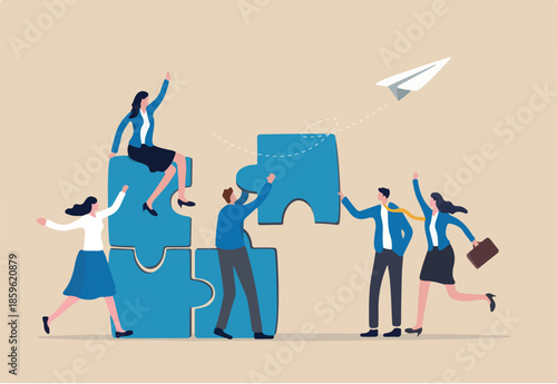 Employee engagement improve involvement or encourage employee success together, increase value and workplace motivation concept, happy business people, employees help complete jigsaw in their office.