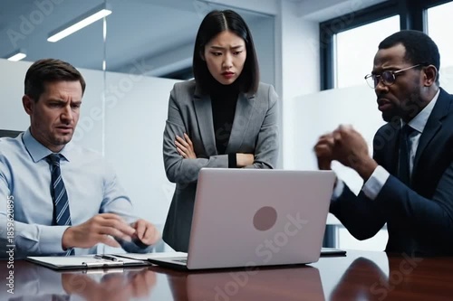 Group of disappointed businesspeople read bad news on laptop computer sitting at workplace in business office. Frustrated worried colleagues co-workers are upset reviewing negative financial results 