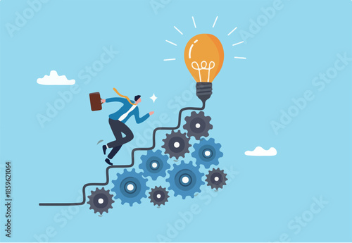 Best practices development, strategy to success or improvement, planning, progress or implementation process, efficiency or productivity concept, businessman running up stair on cogwheel gears system.
