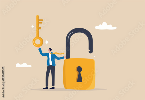Golden key to unlock, solve business problem, professional to give solutions, success business key or unlock business accessibility concept, smart businessman holding golden key to unlock the pad.