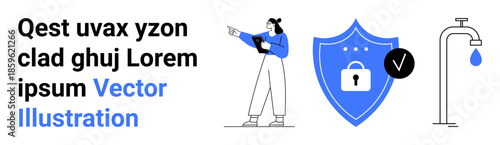 Woman holding laptop, shield with lock and checkmark, and water tap with drop. Ideal for cybersecurity, privacy, safe browsing, resource conservation, digital tools, eco-awareness simple landing