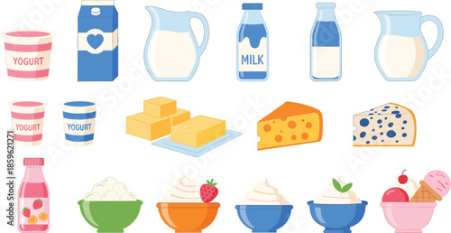 Diverse set of dairy products including milk bottles yogurt cups cheese butter and ice cream isolated vector illustration
