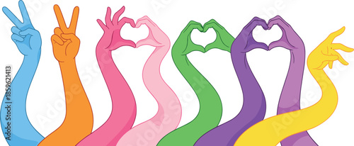 Set of colorful hands making various gestures including peace sign heart shape and open palms for diversity inclusion and unity concept