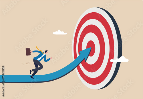 Progress to goal or reaching business target, motivation or challenge to achieve success, career growth or improvement concept, ambitious businessman running on growth arrow path to target bullseye.