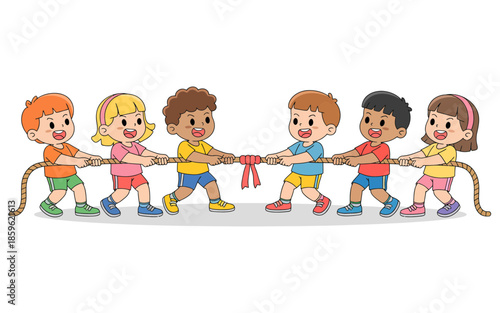 A happy group of cartoon children playing tug of war together