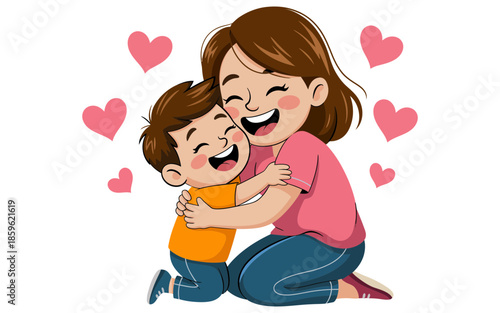 A loving mother embraces her young son in a warm hug filled with happiness and affection.