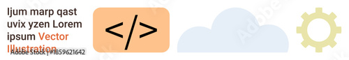 Software development, cloud technology, automation systems, programming, digital transformation, coding. Bracket coding symbol, cloud and gear icon. Software development and cloud technology