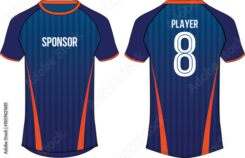 Sports t-shirt jersey design vector template, Blue and Orange sports jersey concept with front and back view for Soccer jersey, Cricket jersey, Football jersey.