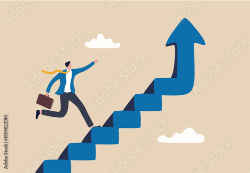 Improvement or career growth, stairway to success, growing income or improve skill to achieve business target concept, confidence businessman step walking up stair of success with rising up arrow.