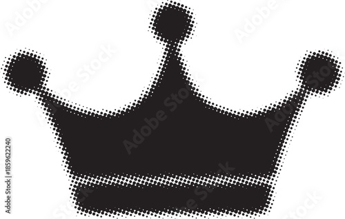 A simple black and white dotted illustration of a regal crown design