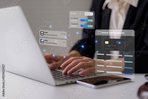 Adult Asian person hands manage online banking virtual payments income tracking secure financial transactions digital economy future fintech innovation